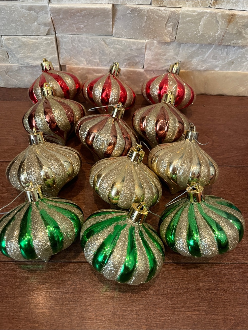 5/$25 Martha StewaFestive Glitter Stripe Christmas Ornaments - Gold, Green & Red